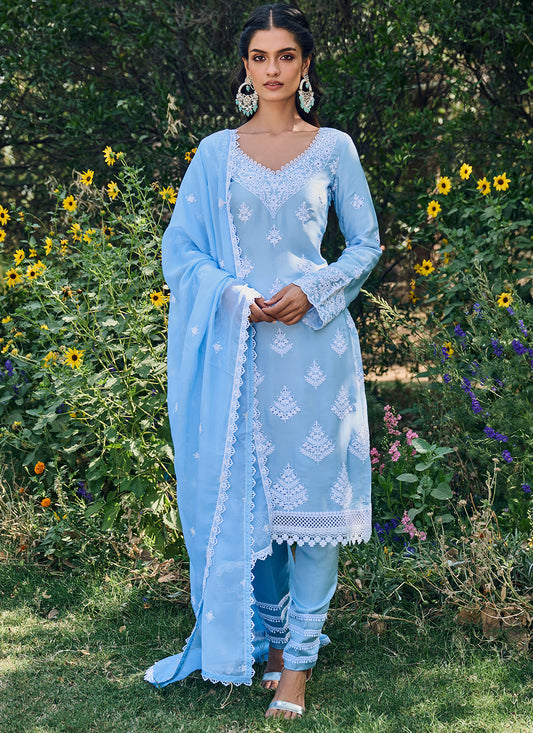 Light Blue Embroidered Cotton Straight Suit