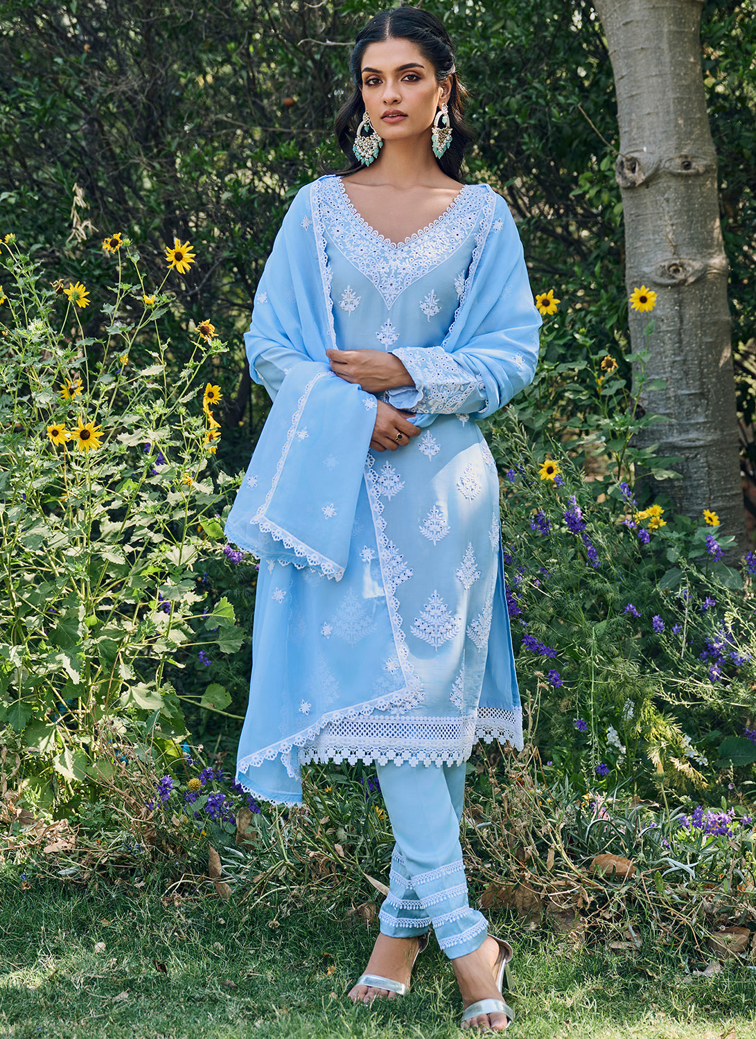 Light Blue Embroidered Cotton Straight Suit