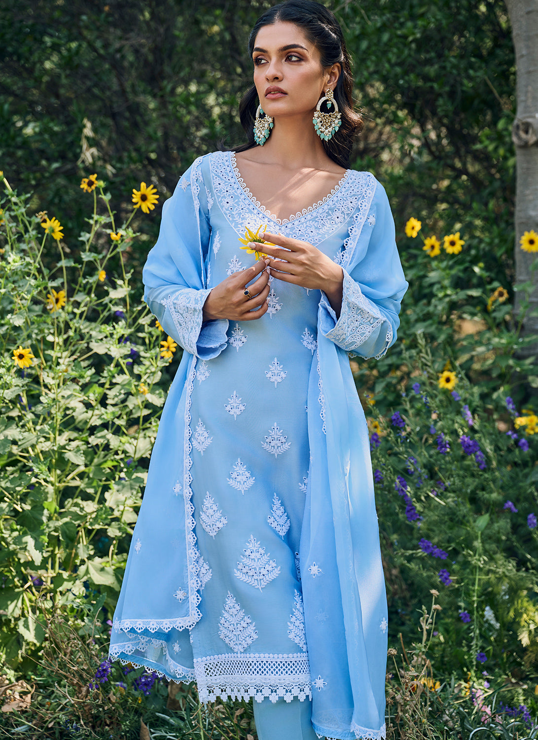 Light Blue Embroidered Cotton Straight Suit