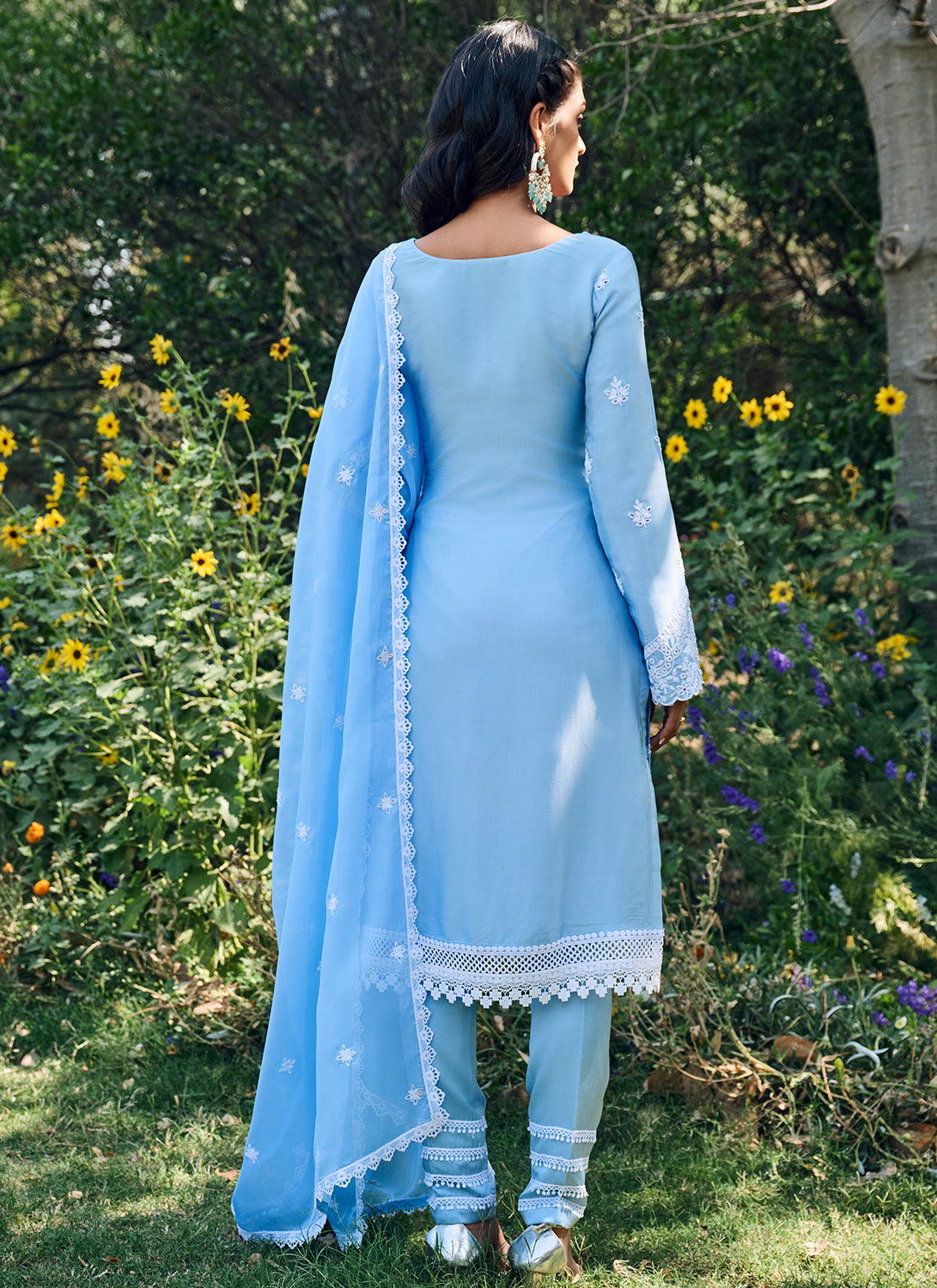 Light Blue Embroidered Cotton Straight Suit