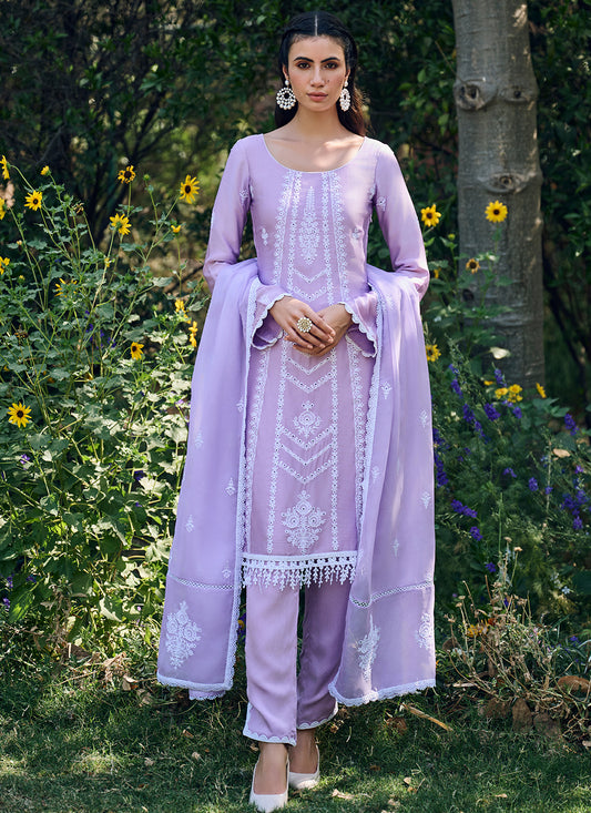 Purple Embroidered Cotton Straight Suit