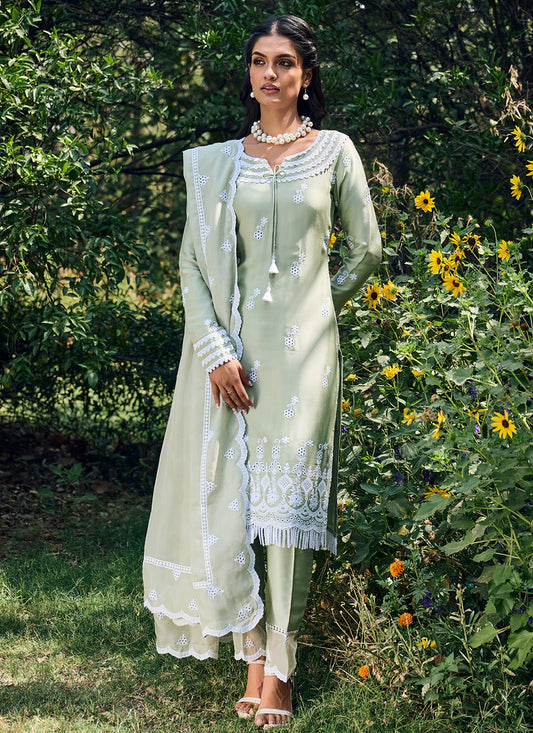 Dusty Sage Embroidered Cotton Straight Suit