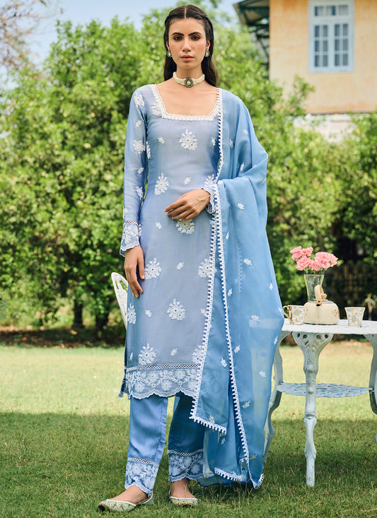 Dusty Blue Embroidered Cotton Straight Suit