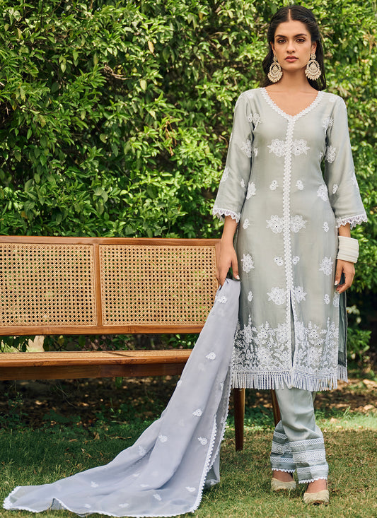 Grey Embroidered Cotton Straight Suit