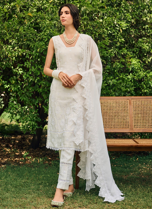 White Embroidered Cotton Straight Suit