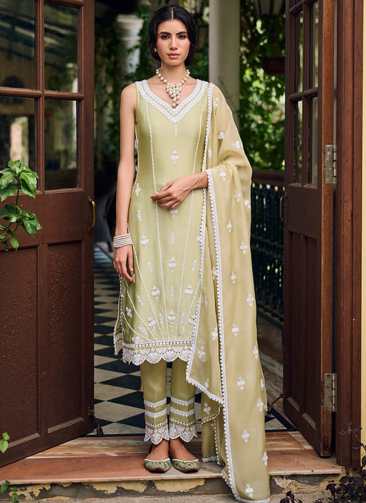 Light Olive Embroidered Cotton Straight Suit