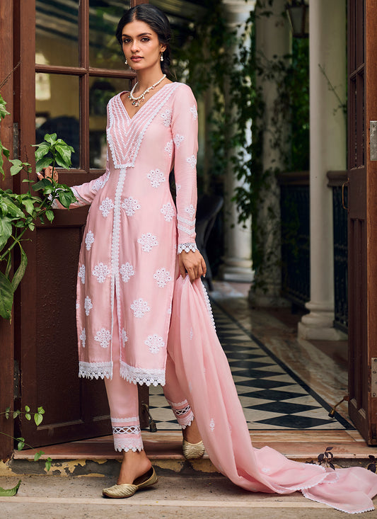 Light Pink Embroidered Cotton Straight Suit