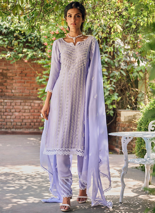 Periwinkle Embroidered Cotton Straight Suit