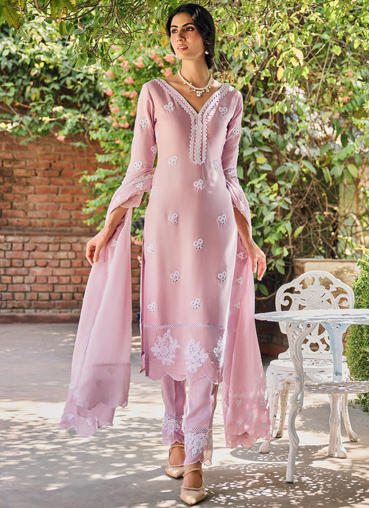 Dusty Rose Embroidered Cotton Straight Suit