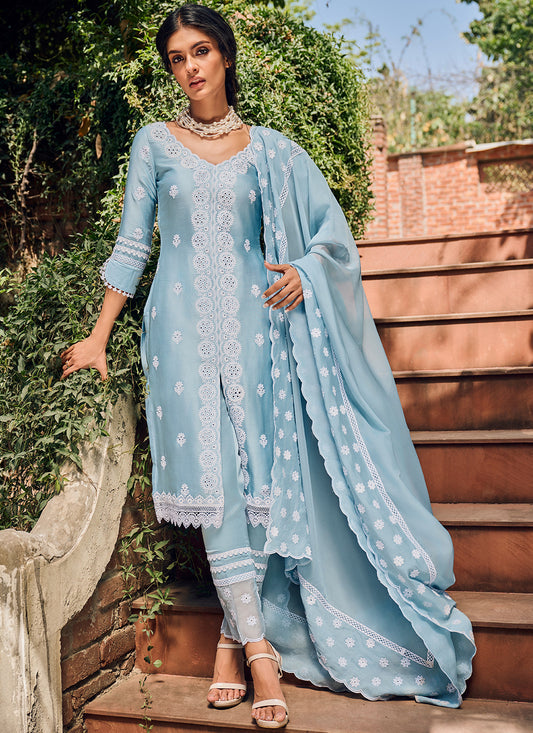 Light Blue Embroidered Cotton Straight Suit