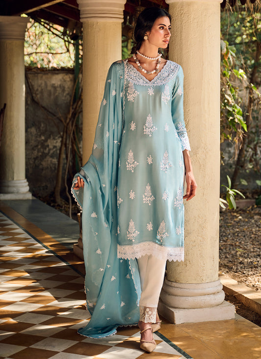 Powder Blue Embroidered Cotton Straight Suit
