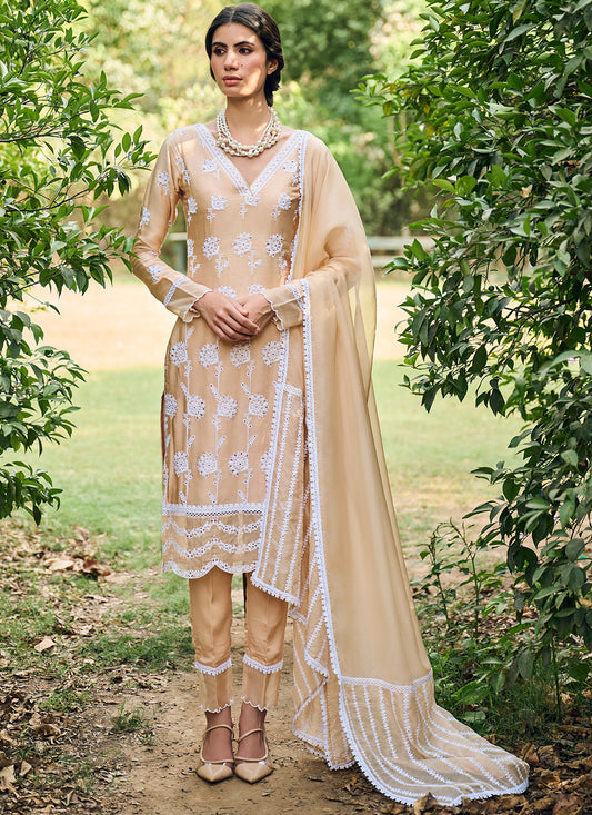 Dusty Yellow Embroidered Cotton Straight Suit