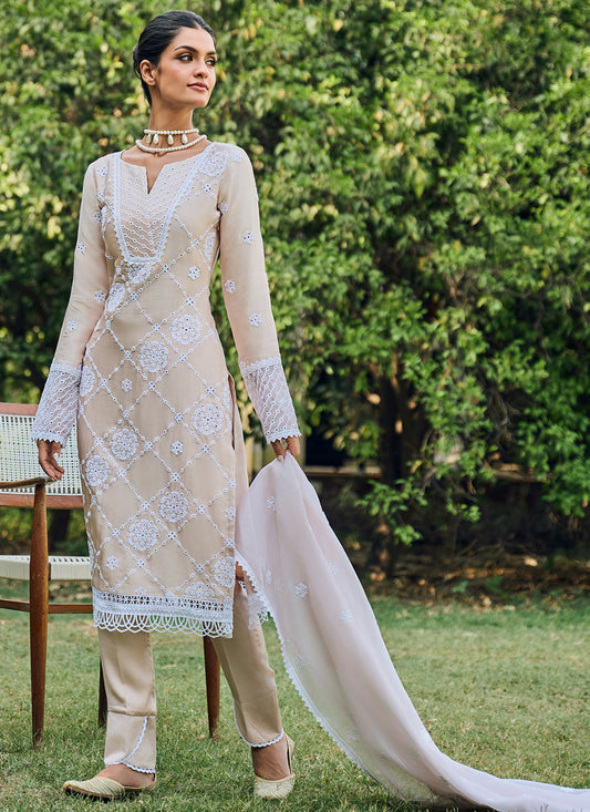Nude Embroidered Cotton Straight Suit