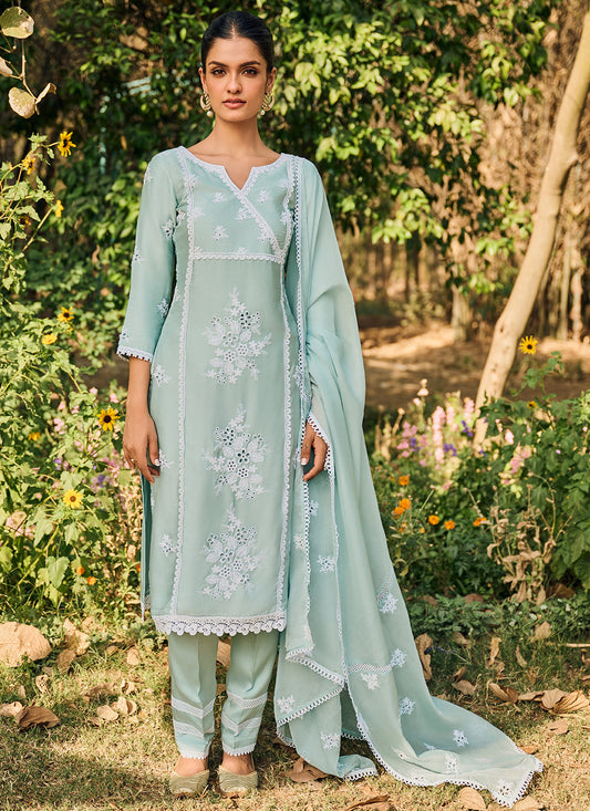 Soft Blue Embroidered Cotton Straight Suit