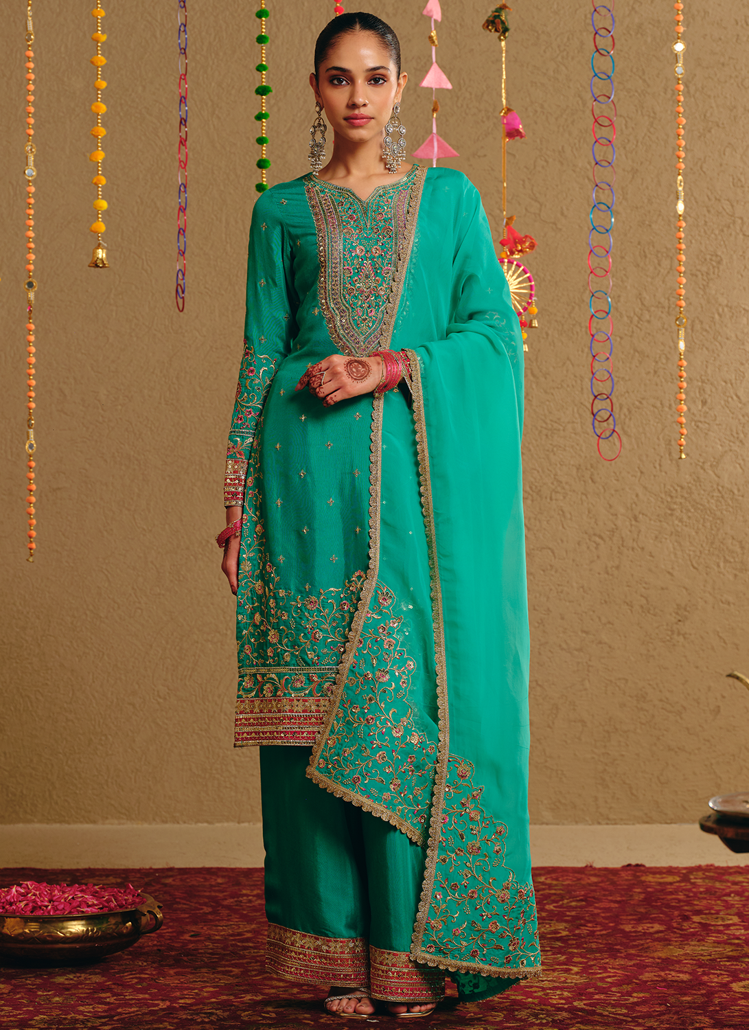 Sea Green Embroidered Viscose Silk Straight Palazzo Suit