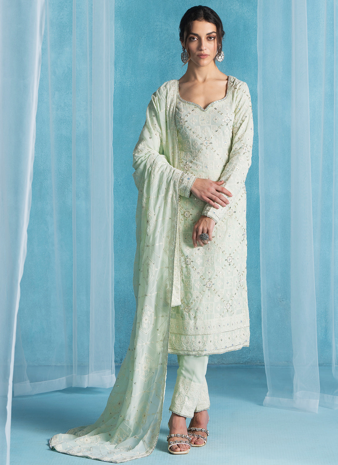 Soft Mint Embroidered Lucknowi Straight Suit