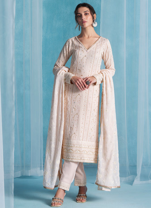 Soft Peach Embroidered Lucknowi Straight Suit