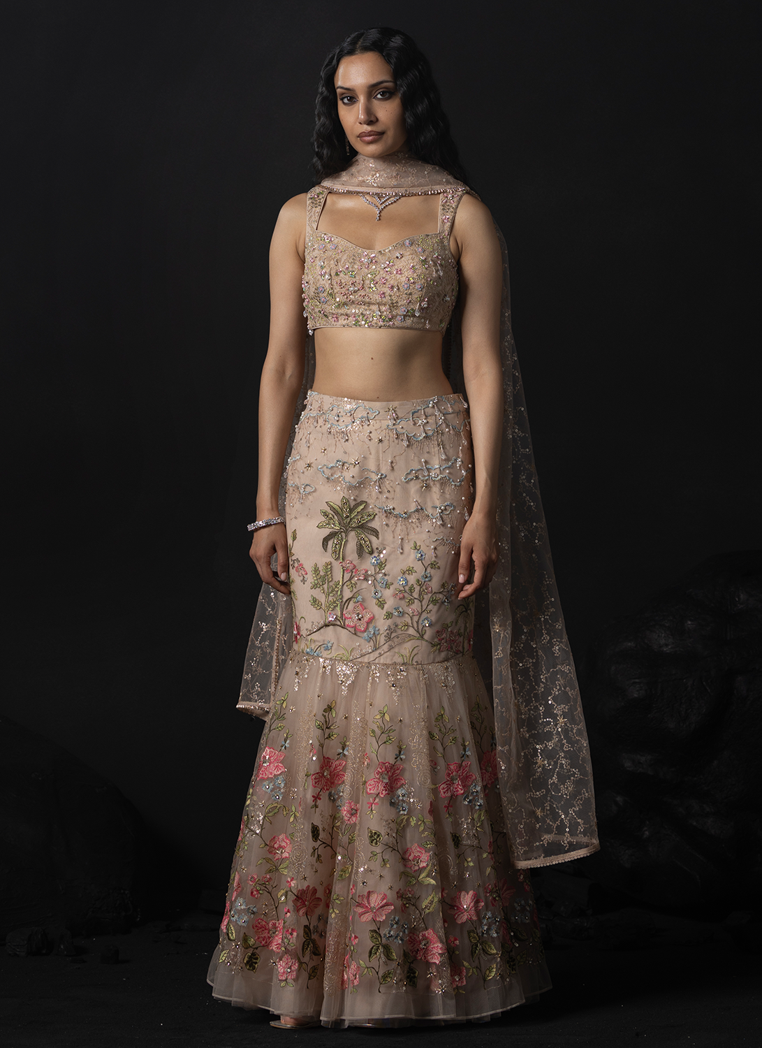 Soft Taupe Embroidered Net Mermaid Lehenga