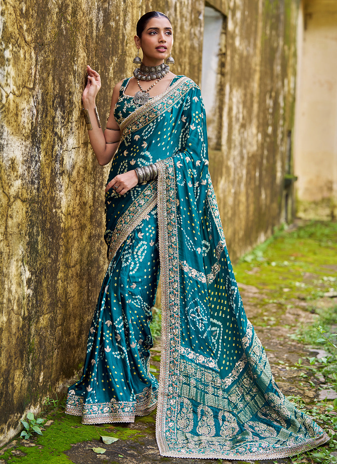 Teal Green Embroidered Pure Bandhani Saree