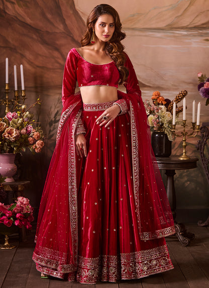 Hot Pink Embroidered Velvet Lehenga