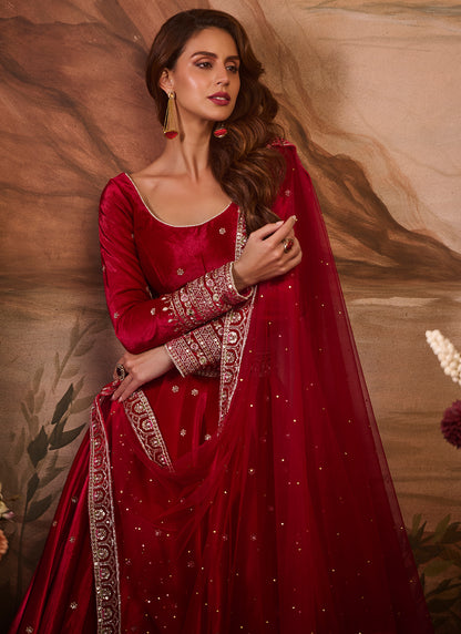 Hot Pink Embroidered Velvet Lehenga