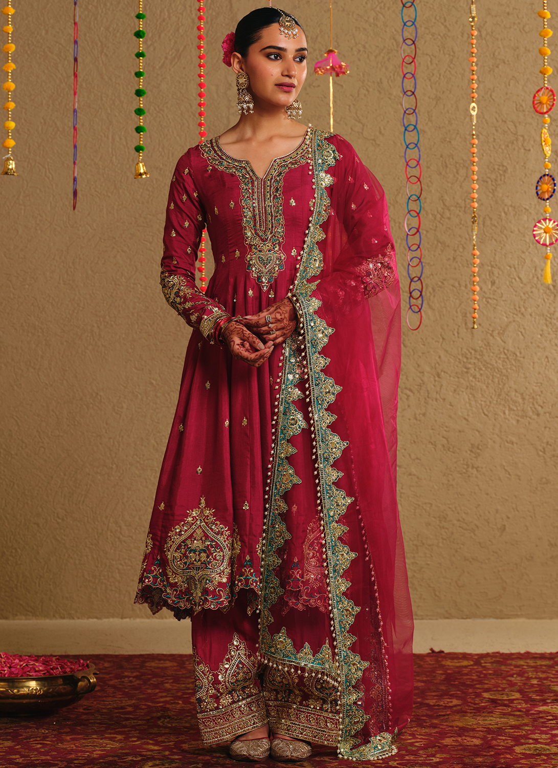 Wine Embroidered Viscose Silk Anarkali Style Salwar Suit