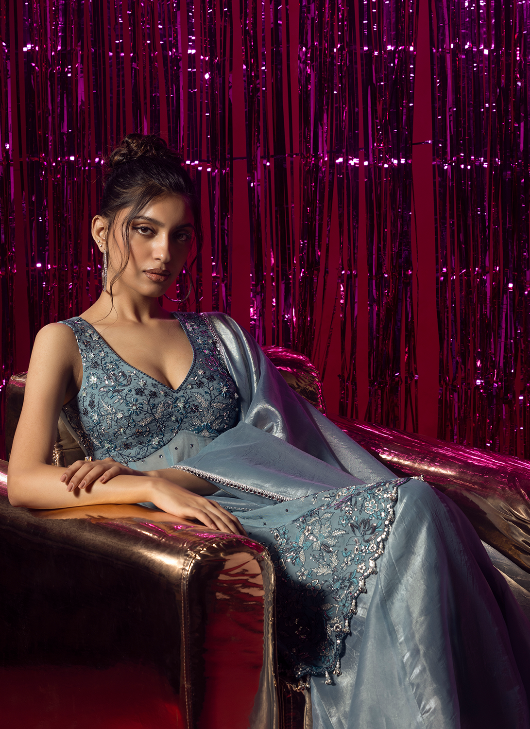 Dusty Blue Embroidered Organza Sharara