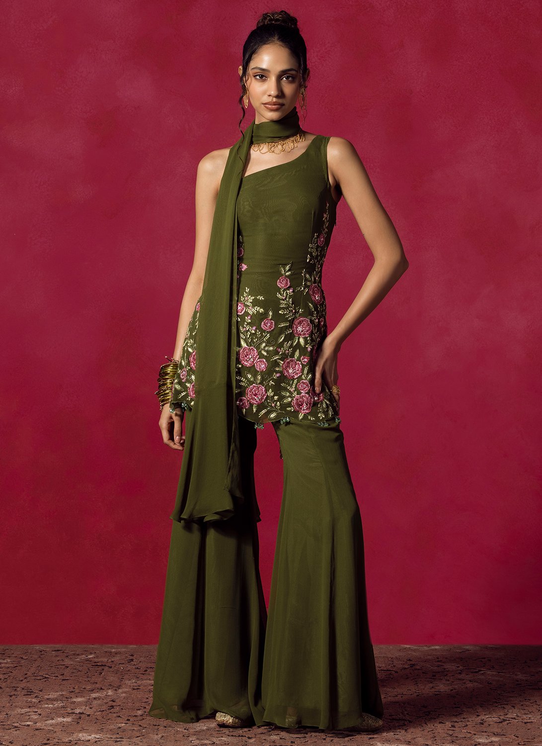 Olive Green Embroidered Viscose Georgette Pant Suit