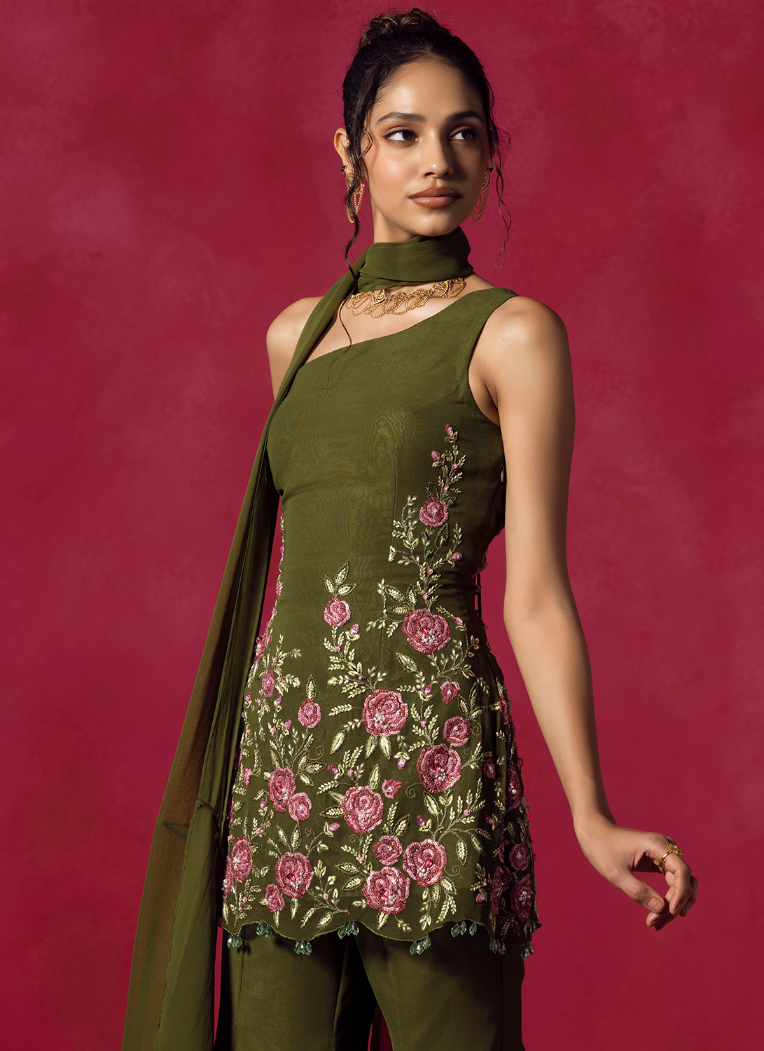Olive Green Embroidered Viscose Georgette Pant Suit