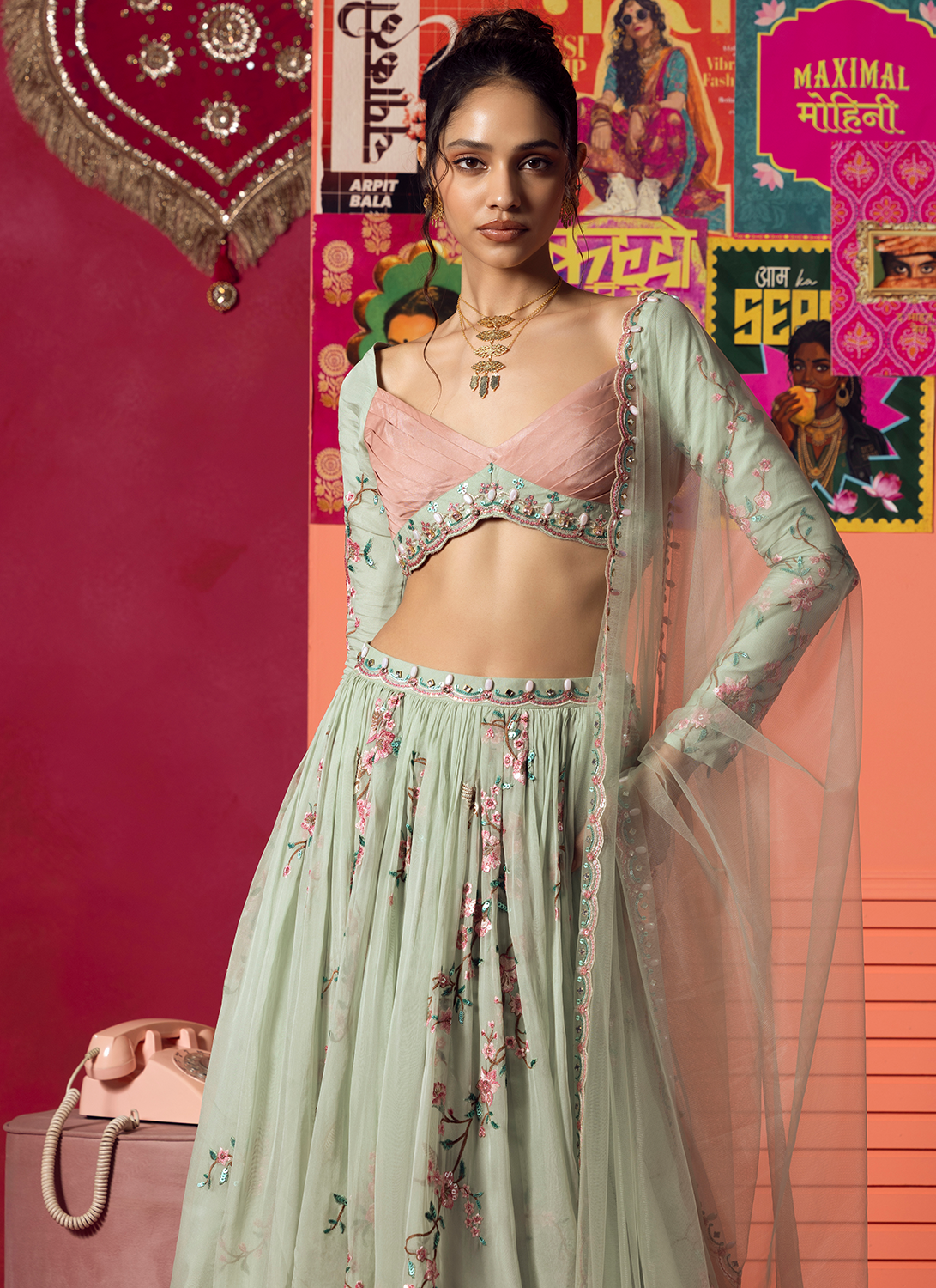 Mint Green Embroidered Organza Lehenga