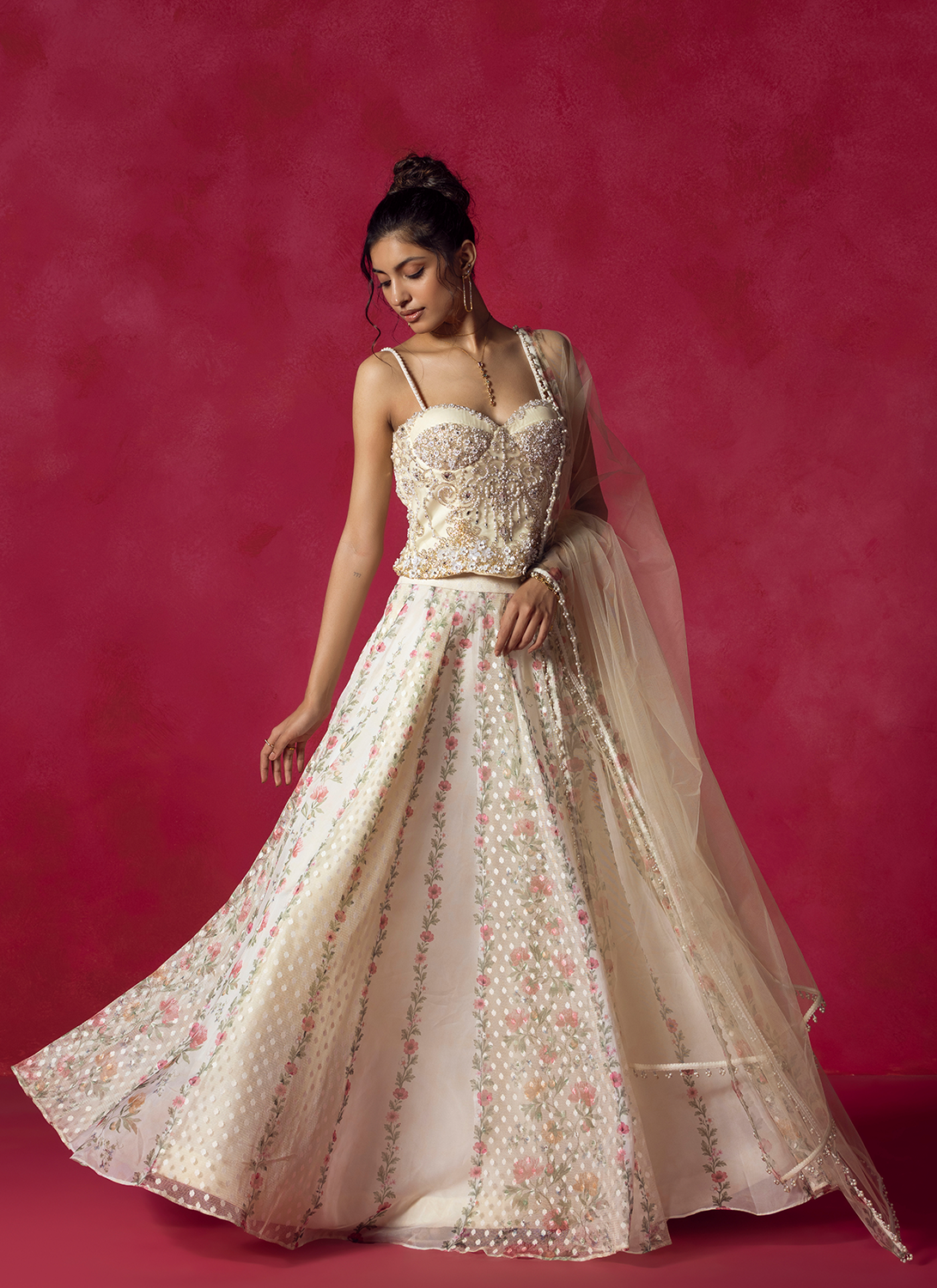 Ivory Floral Embroidered Silk Lehenga