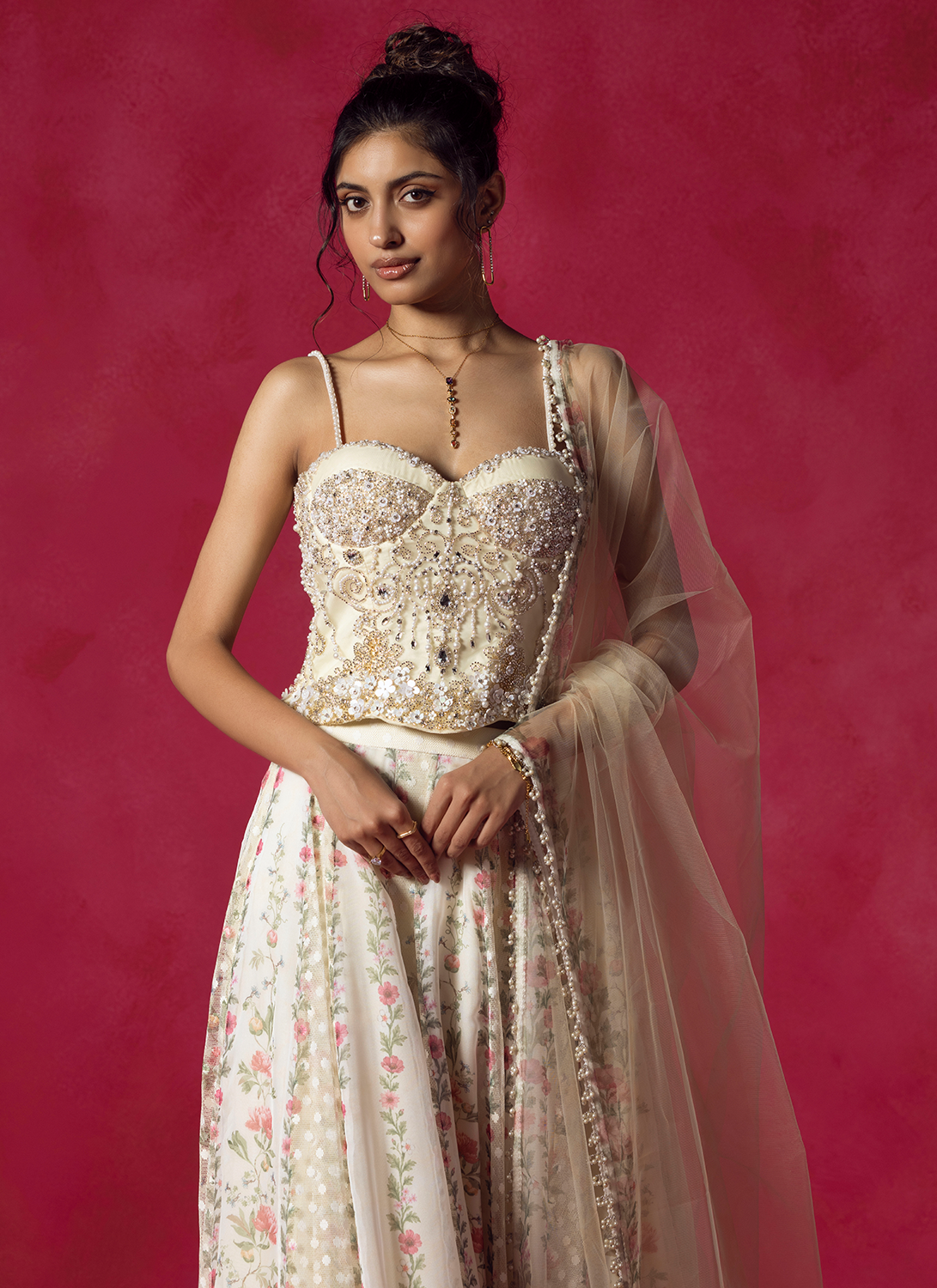 Ivory Floral Embroidered Silk Lehenga