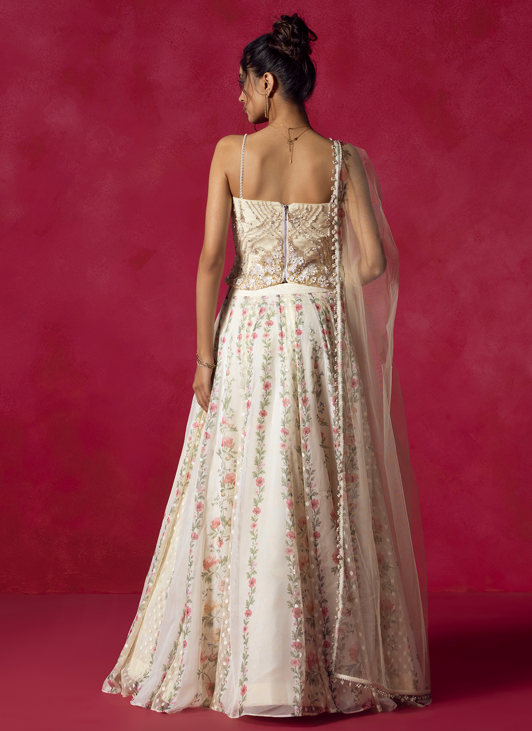 Ivory Floral Embroidered Silk Lehenga