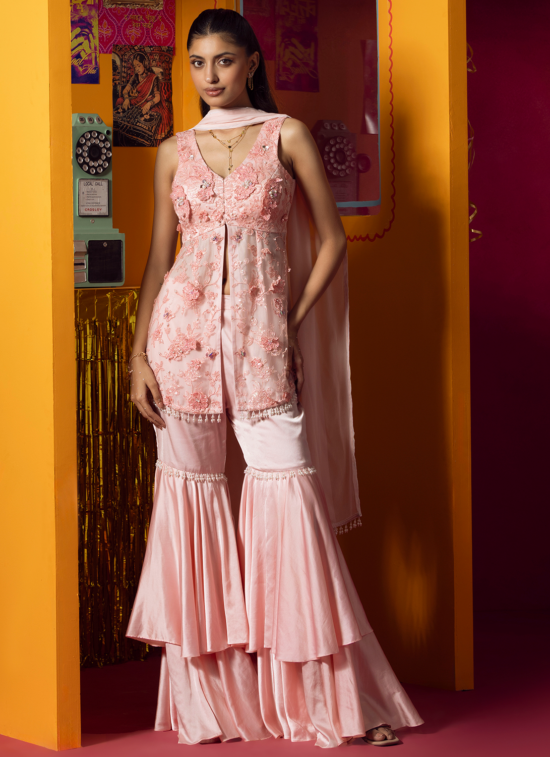 Pink Embroidered Net Gharara