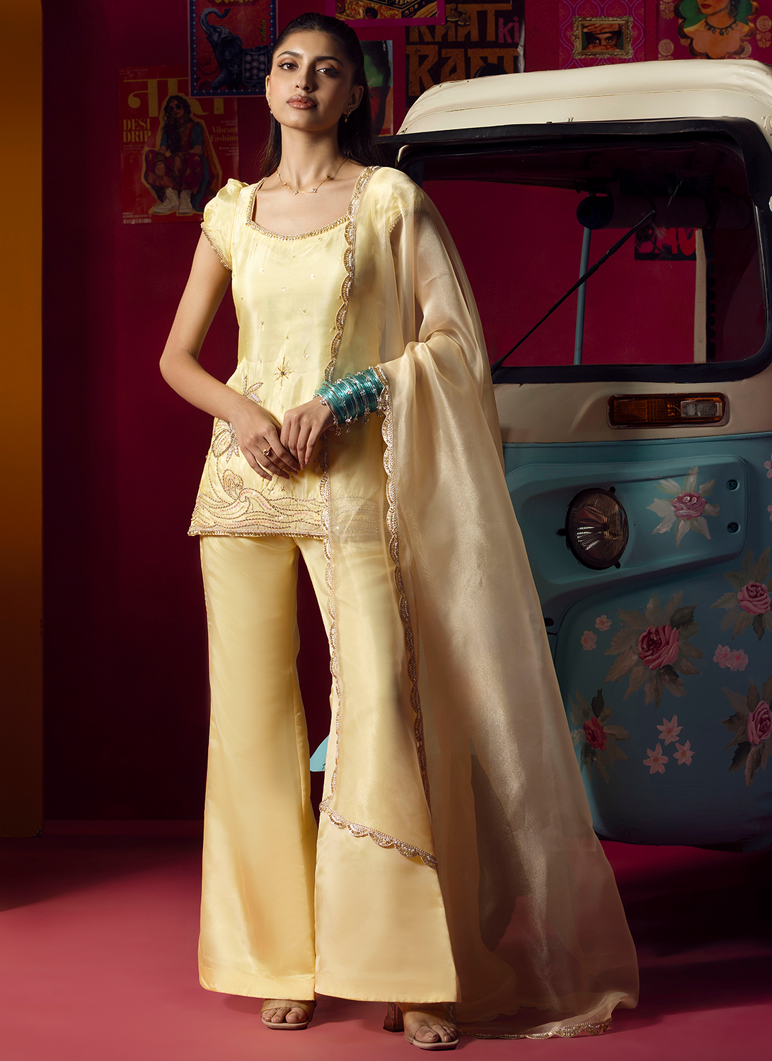 Yellow Embroidered Gold Silk Pant Suit