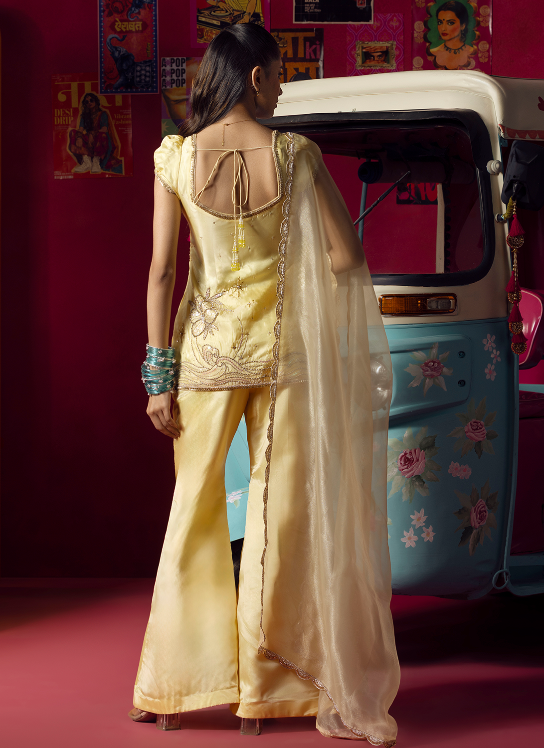Yellow Embroidered Gold Silk Pant Suit