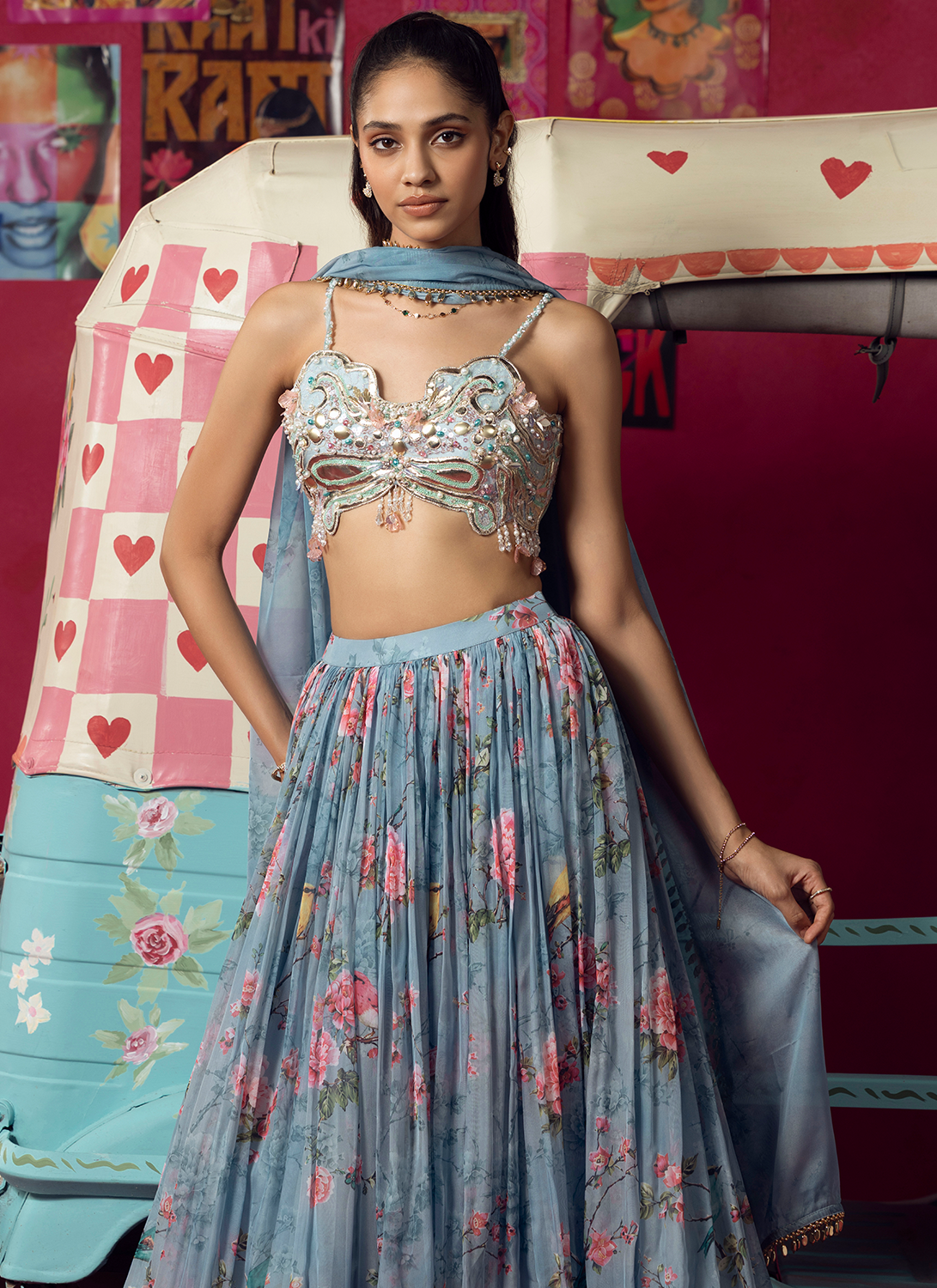 Blue Floral Embroidered Silk Lehenga