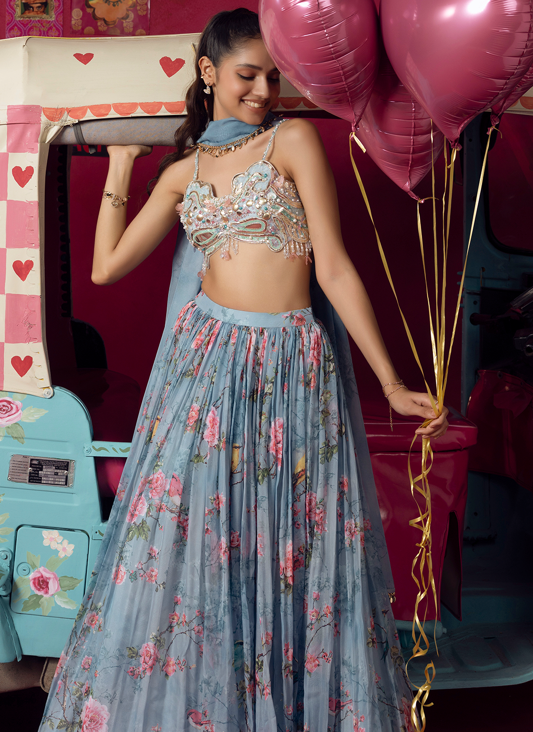 Blue Floral Embroidered Silk Lehenga