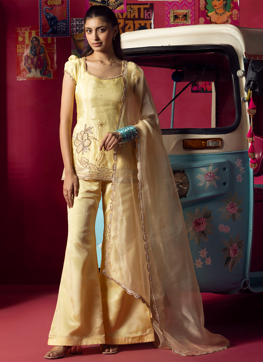 Yellow Embroidered Gold Silk Pant Suit