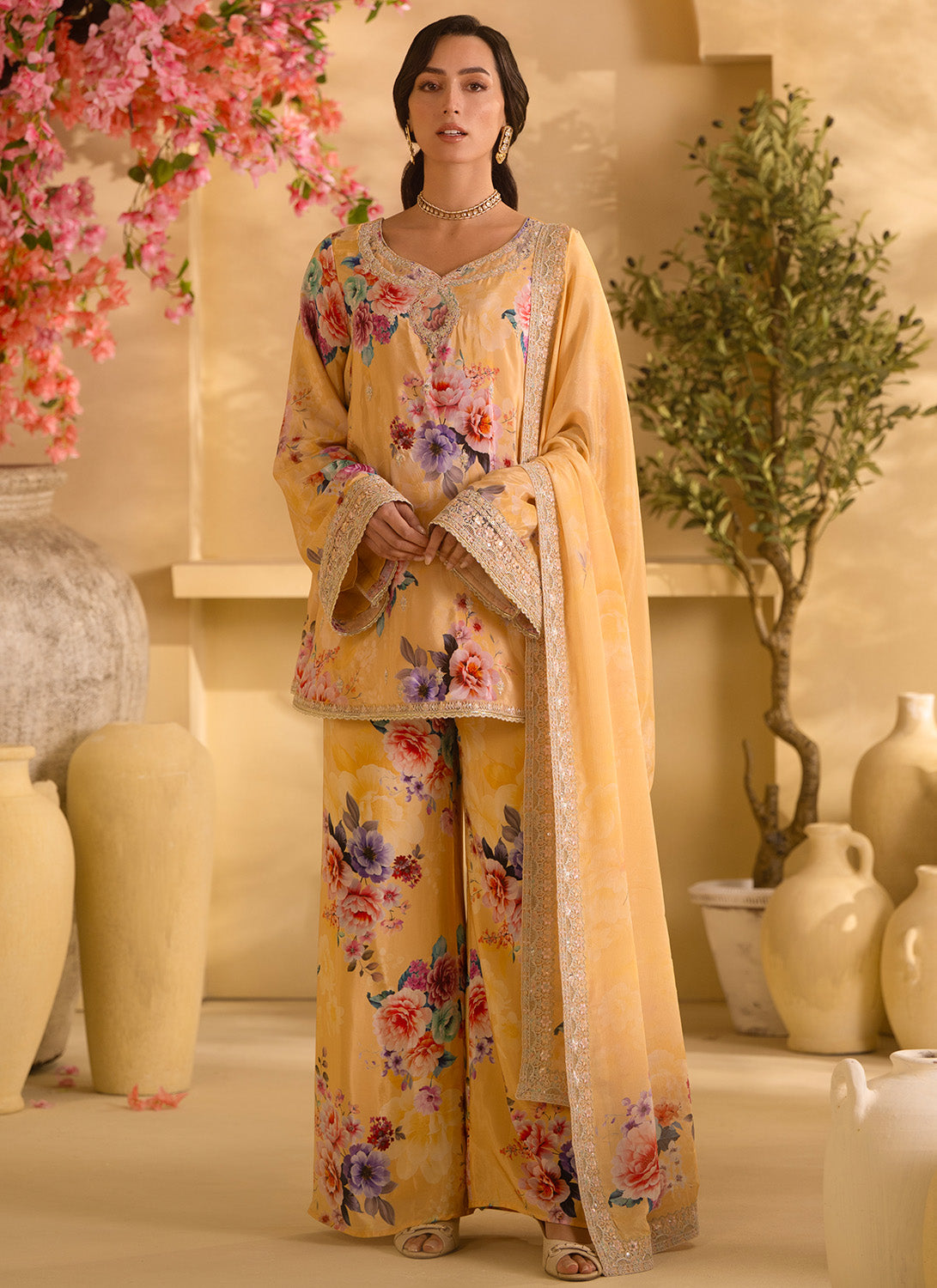 Yellow Floral Embroidered Crepe Silk Palazzo Suit