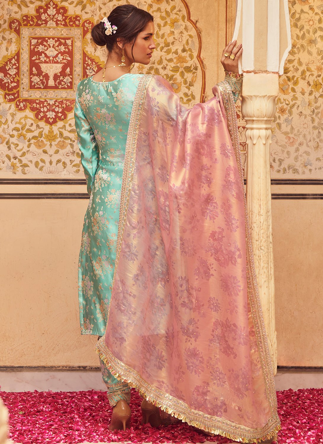 Aqua Blue Embroidered Brocade Straight Suit - Lashkaraa
