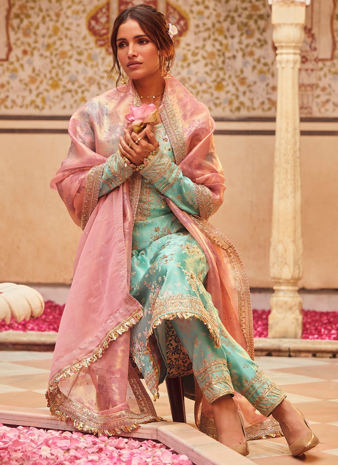 Aqua Blue Embroidered Brocade Straight Suit - Lashkaraa