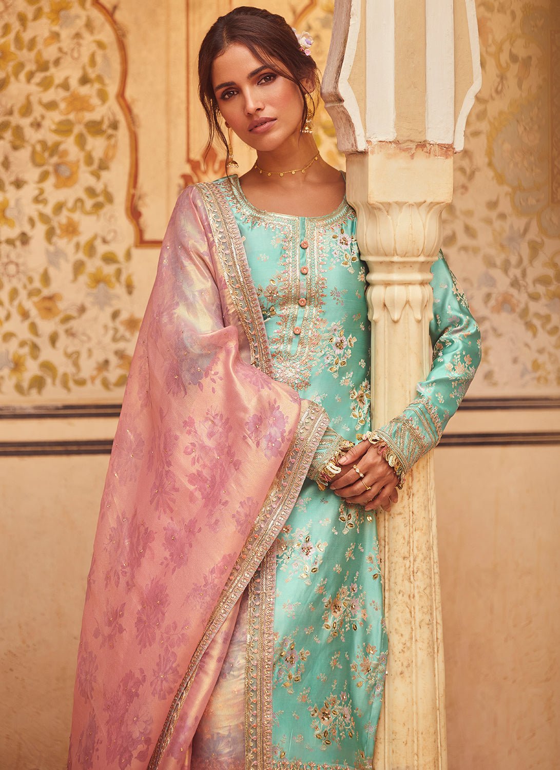 Aqua Blue Embroidered Brocade Straight Suit - Lashkaraa