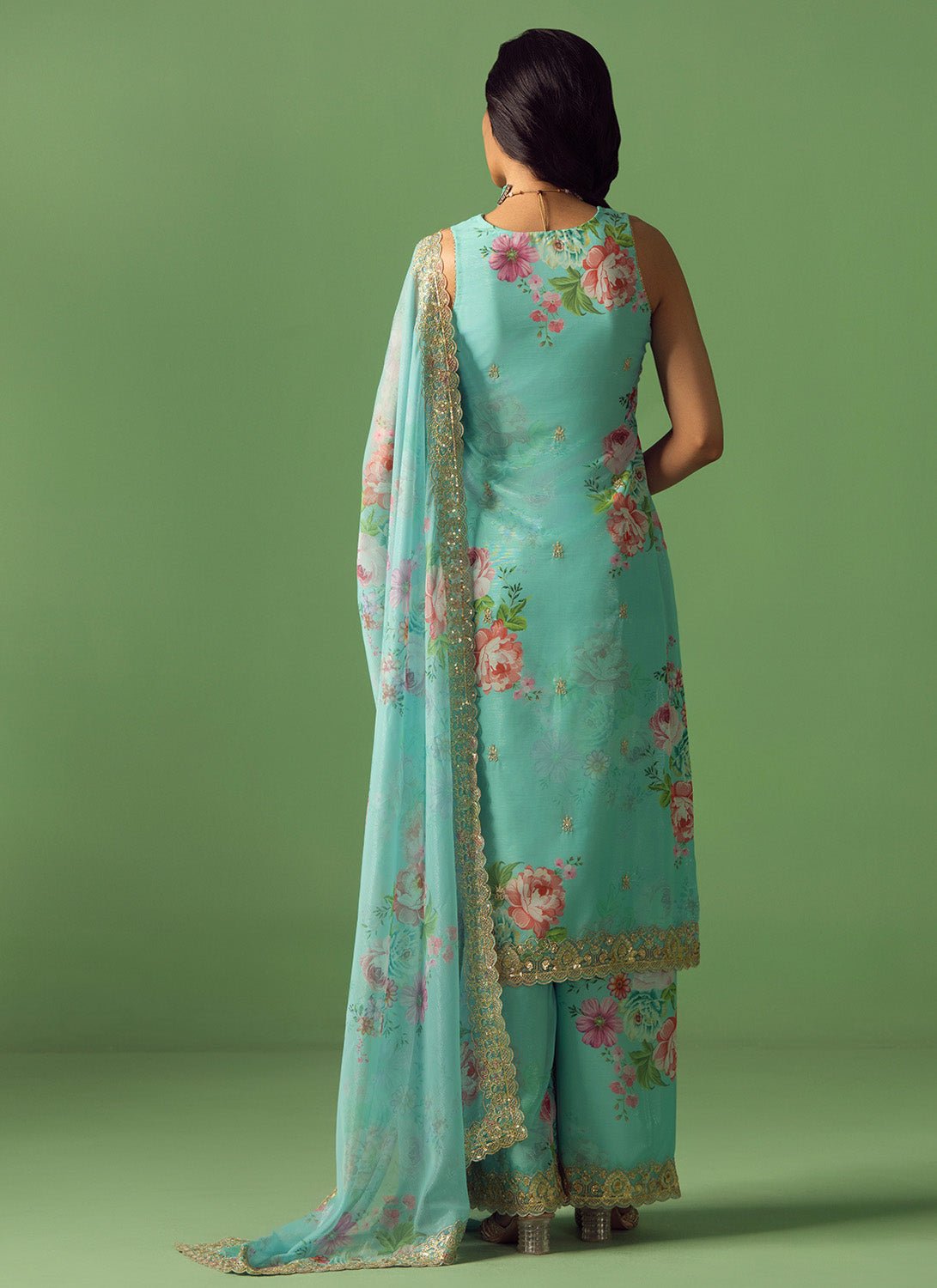 Aqua Multicolor Floral Printed Palazzo Suit - Lashkaraa