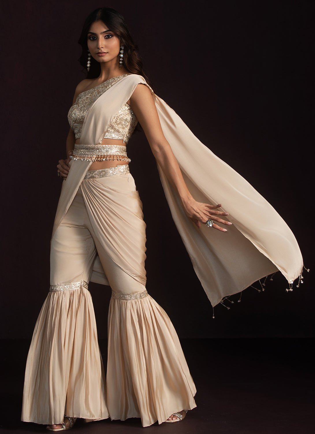 Beige Embroidered Gharara Style Saree - Lashkaraa