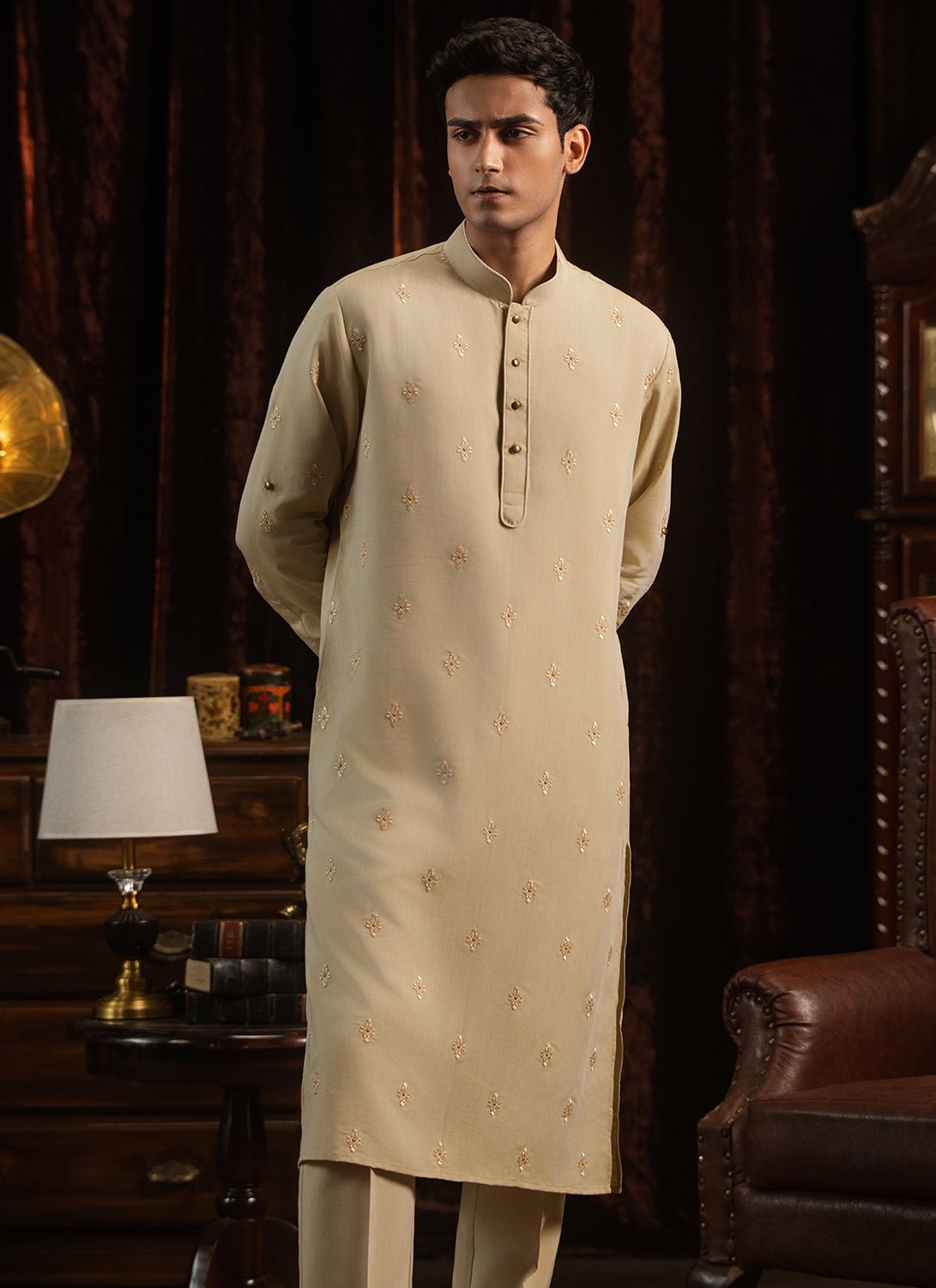 Beige Embroidered Kurta Set - Lashkaraa