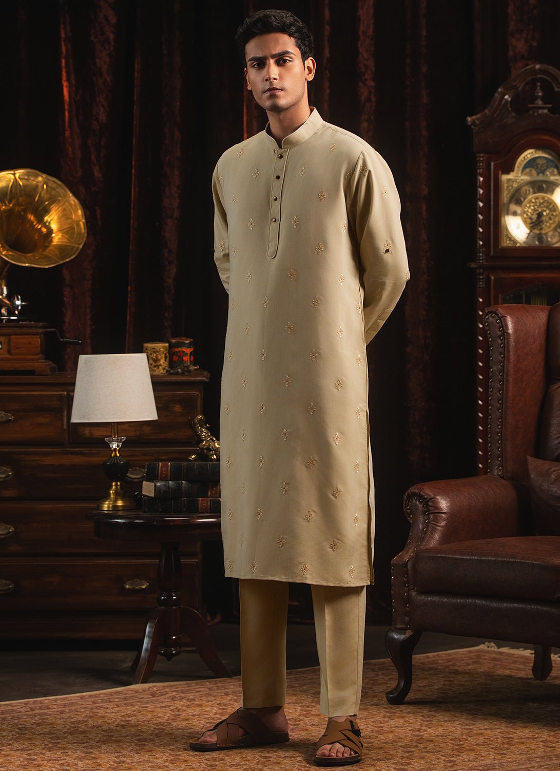 Beige Embroidered Kurta Set - Lashkaraa
