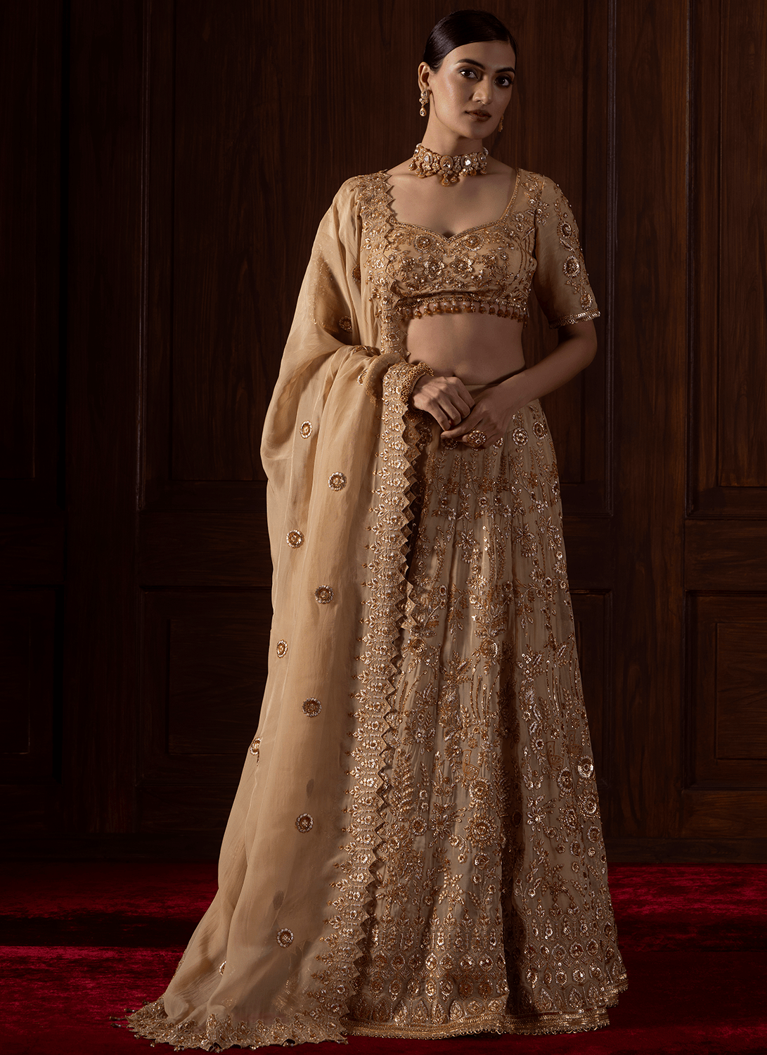 Beige Embroidered Viscose Organza Lehenga - Lashkaraa