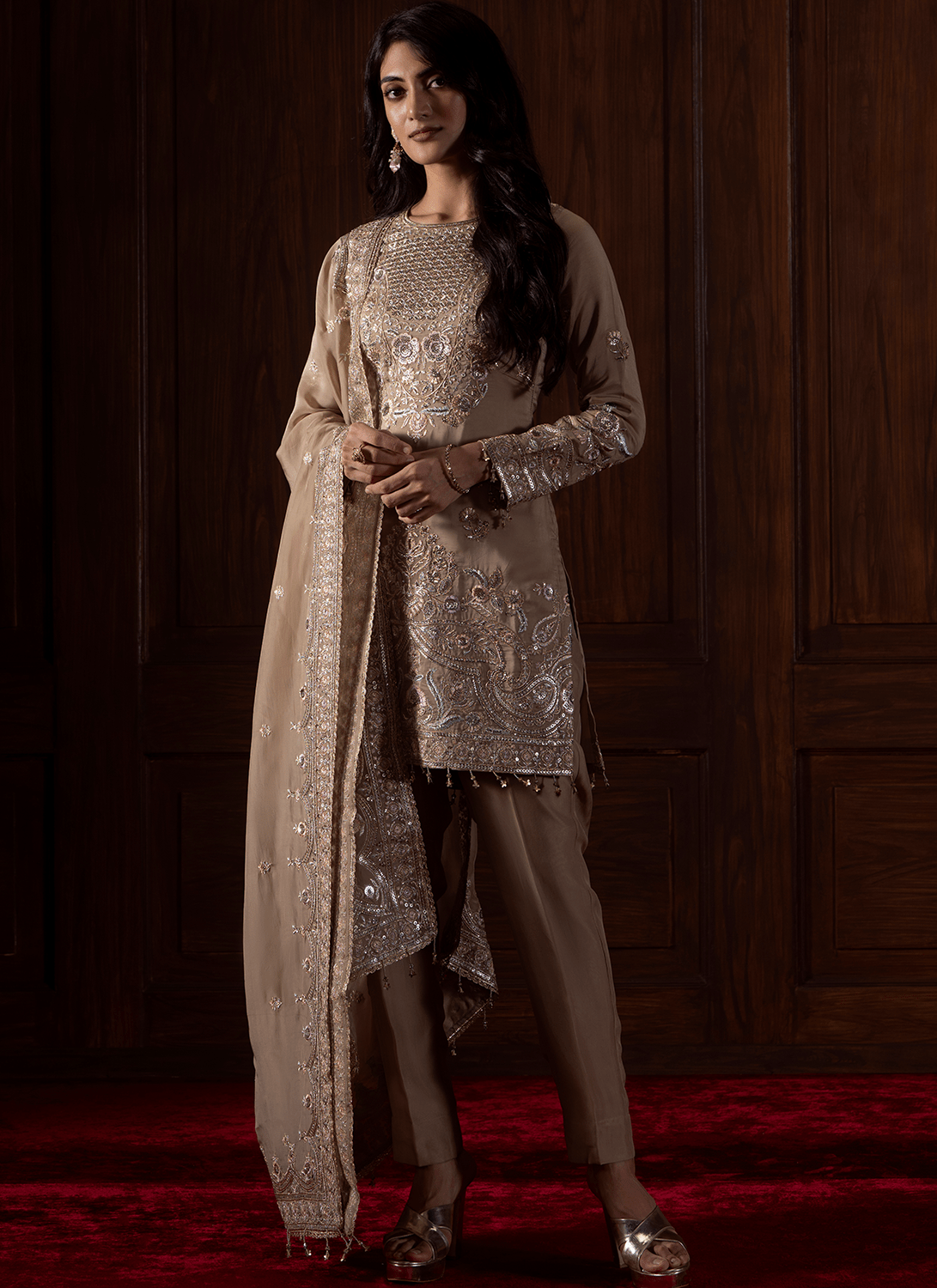 Beige Embroidered Viscose Organza Pant Suit - Lashkaraa