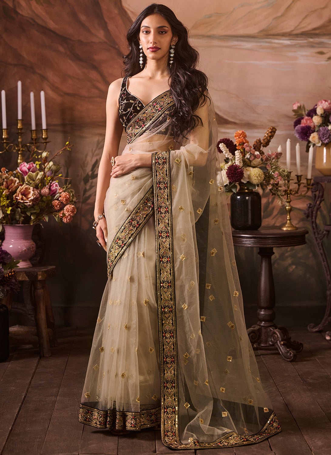 Black and Beige Embroidered Velvet Saree - Lashkaraa